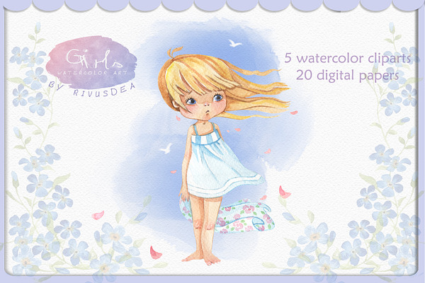 Watercolor cute girl summer clipart 