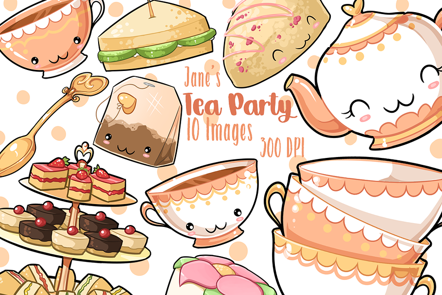 Kawaii Tea Party Clipart in Illustrations - product preview 8