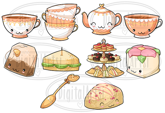 Kawaii Tea Party Clipart in Illustrations - product preview 1