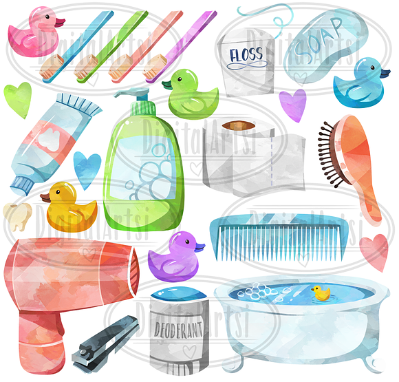 Watercolor Bathroom Supplies Clipart in Illustrations - product preview 1