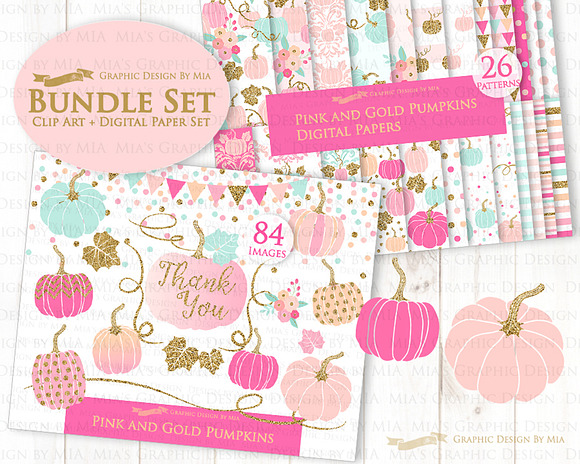 Pink and Gold Pumpkins in Illustrations - product preview 1