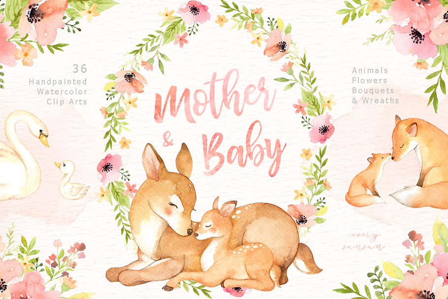 Mother & Baby Watercolor Clipart in Illustrations - product preview 8