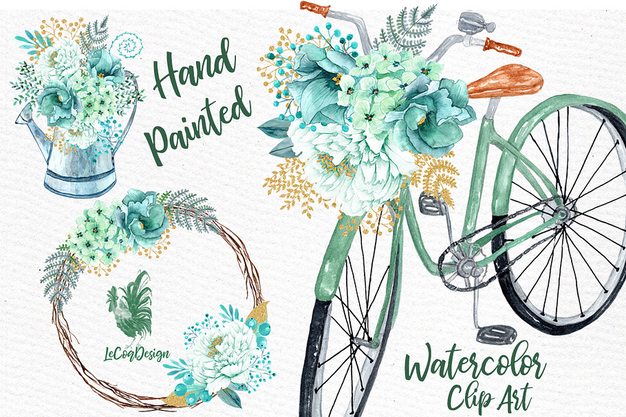 Mint Watercolor Flowers Clipart in Illustrations - product preview 8