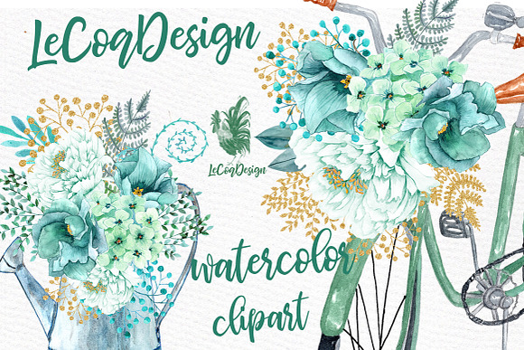 Mint Watercolor Flowers Clipart in Illustrations - product preview 1