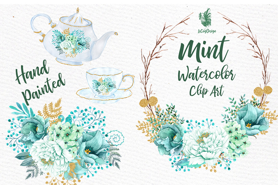 Mint Watercolor flowers clipart in Illustrations - product preview 8