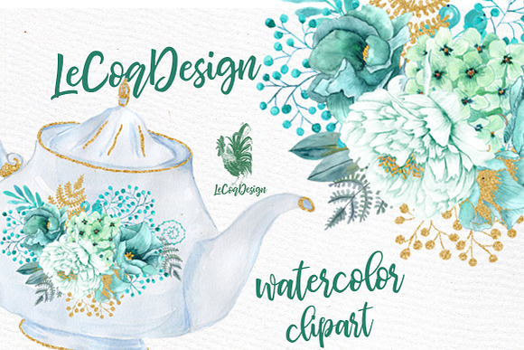 Mint Watercolor flowers clipart in Illustrations - product preview 1