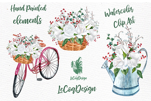 Watercolor white roses clip art in Illustrations - product preview 1