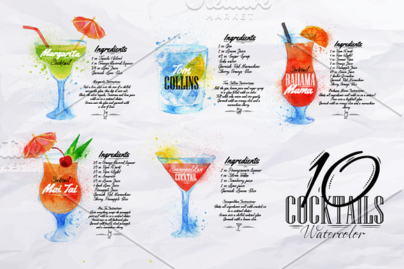 Cocktails watercolor in Objects - product preview 3
