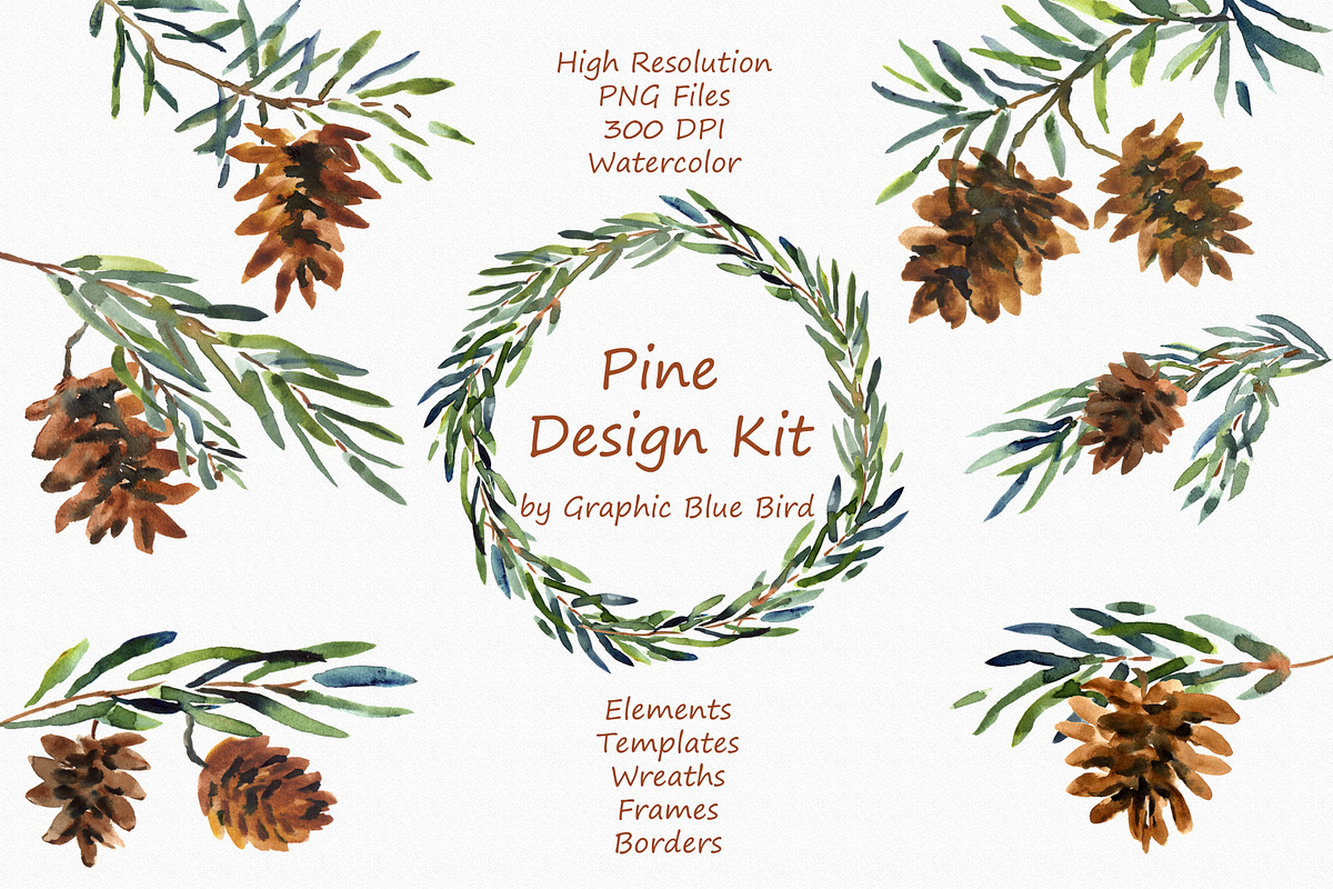 Pine Design Kit - Watercolor Clipart in Illustrations - product preview 8