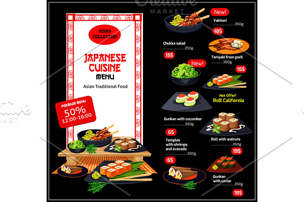 Vector menu Japanese cuisine dishes