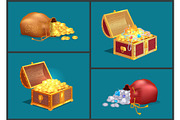 Bags with Coins and Wooden Chests of