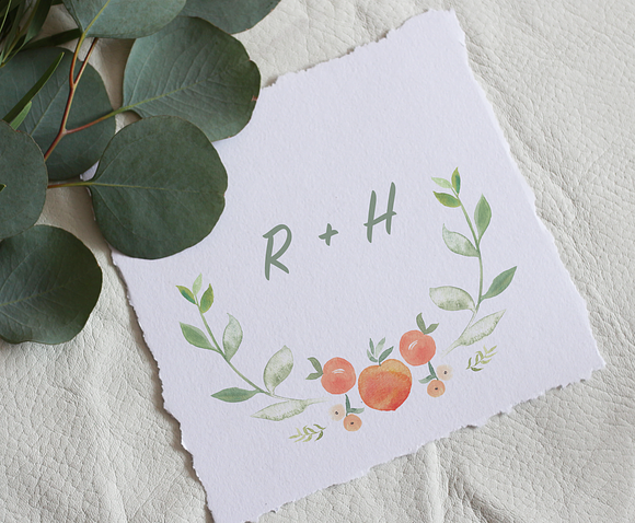 Watercolor Peaches + Greenery in Illustrations - product preview 3