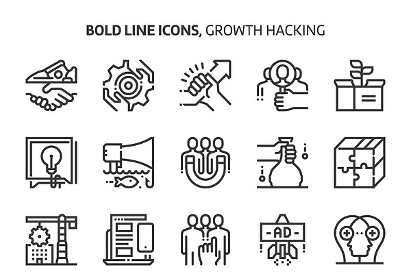 Growth hacking, bold line icons