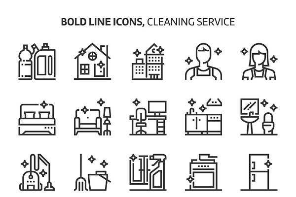 Cleaning service, bold line icons