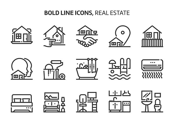 Real estate, bold line icons