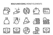 Money elements, bold line icons