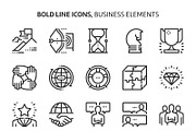 Business elements, bold line icons.