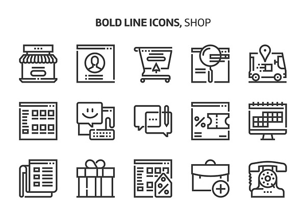 Shop, bold line icons.