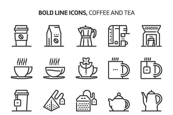 Coffee and tea, bold line icons