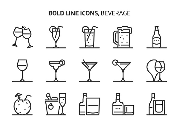 Beverage, bold line icons