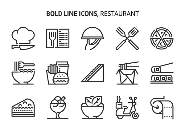 Restaurant, bold line icons