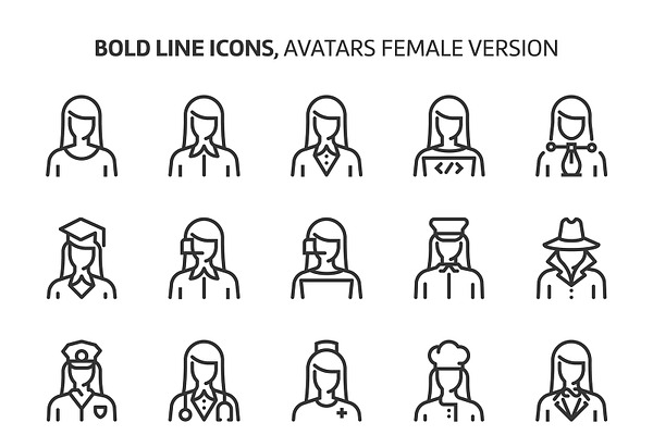 Female avatars, bold line icons