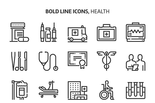 Health, bold line icons.