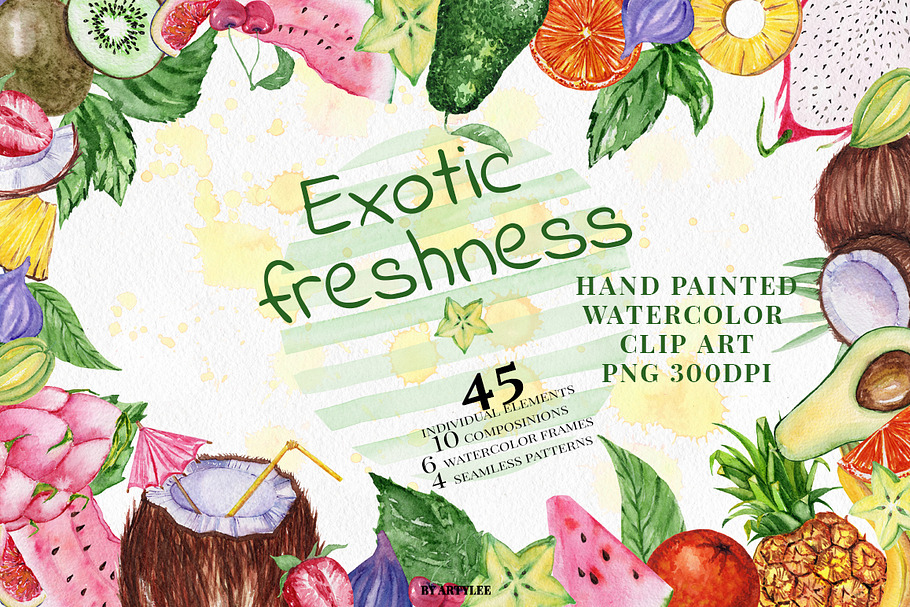 Exotic fresh fruit Watercolor Set