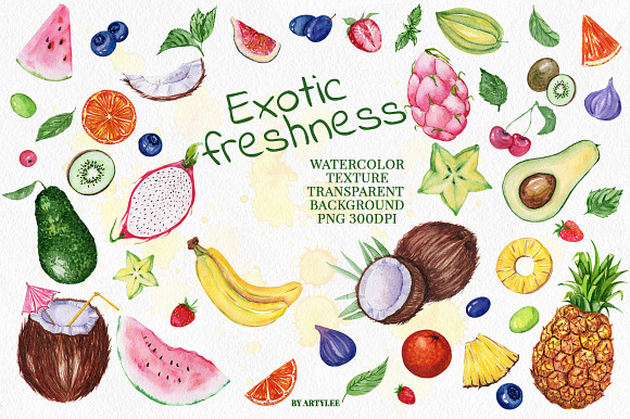 Exotic fresh fruit Watercolor Set in Illustrations - product preview 1