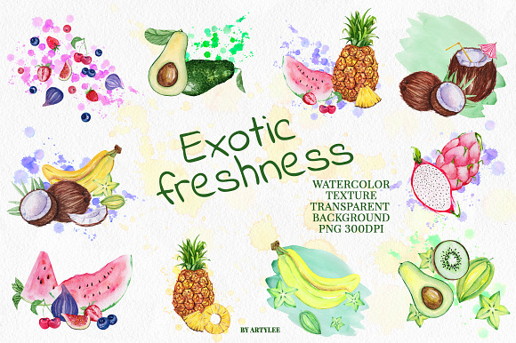 Exotic fresh fruit Watercolor Set in Illustrations - product preview 2