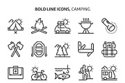 Camping, bold line icons