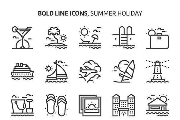 Summer holiday, bold line icons