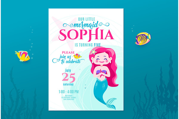 Mermaid birthday cute invite card