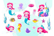 Mermaid cute stickers, cartoon