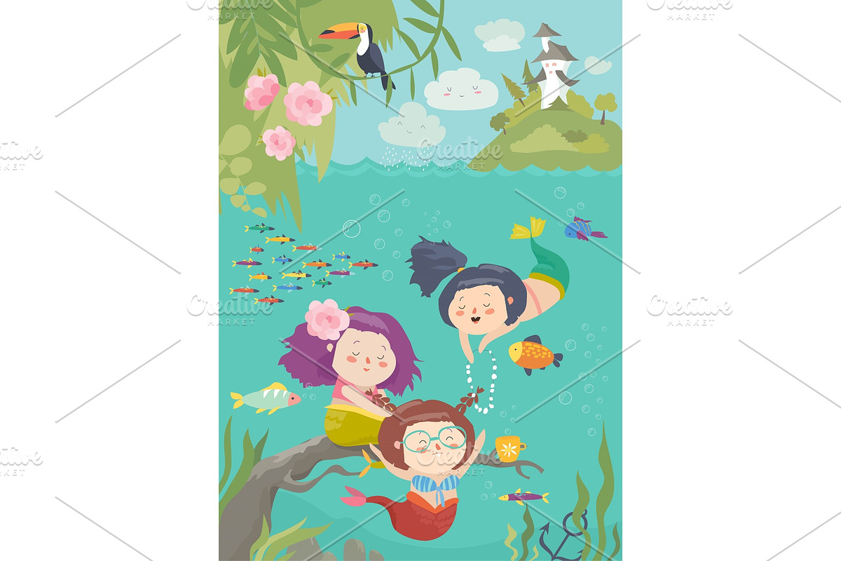 Cute cartoon mermaids with beautiful in Illustrations - product preview 8