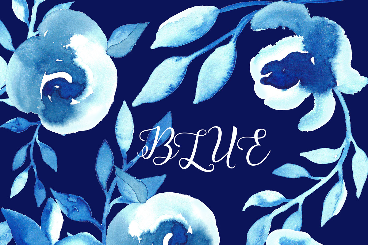 Bleu flowers Watercolor clip art in Graphics - product preview 8