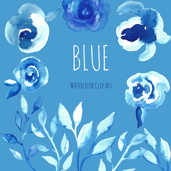 Bleu flowers Watercolor clip art in Graphics - product preview 3