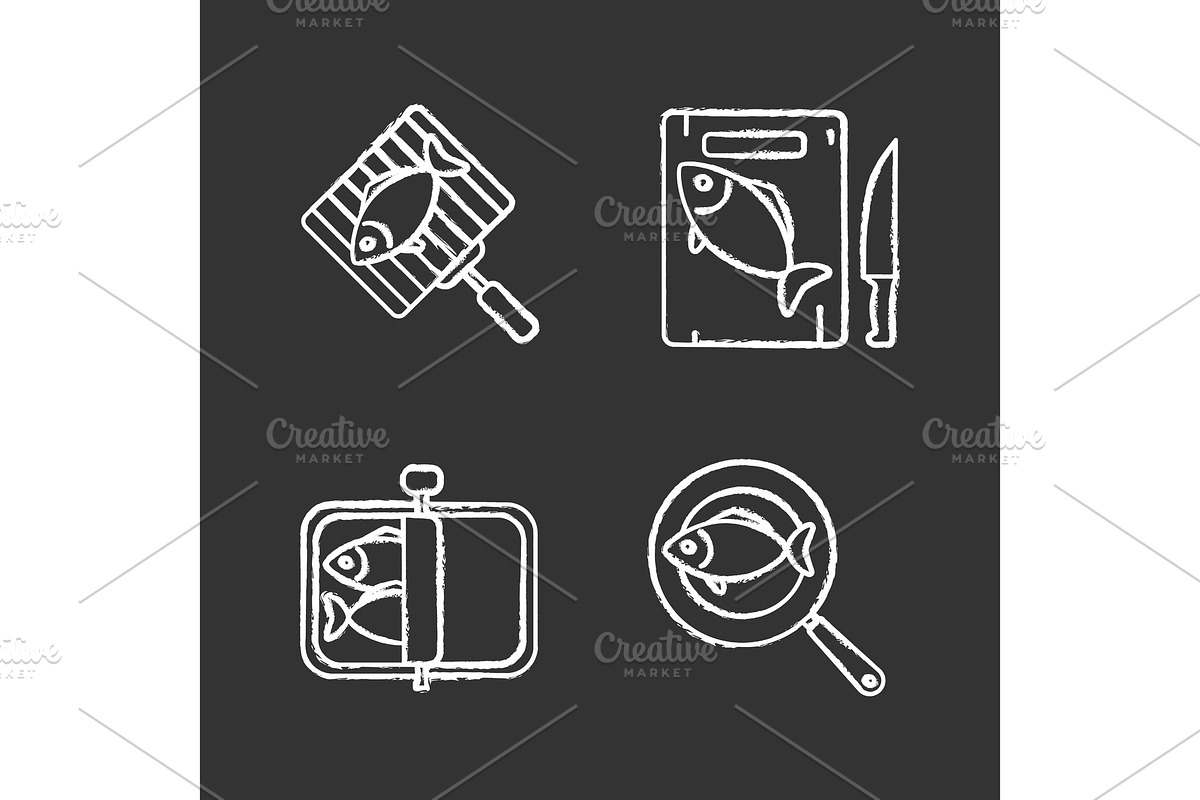Fish preparation chalk icons set in Graphics - product preview 8