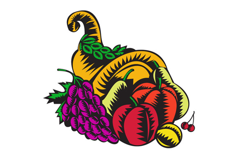 Cornucopia Fruit Harvest Woodcut in Illustrations - product preview 8