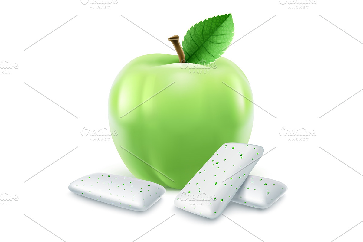 Pads of bubble gum with green apple in Illustrations - product preview 8