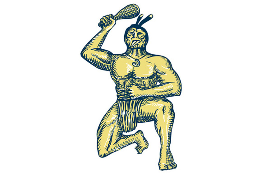 Maori Warrior Wielding Patu Kneeling in Illustrations - product preview 8