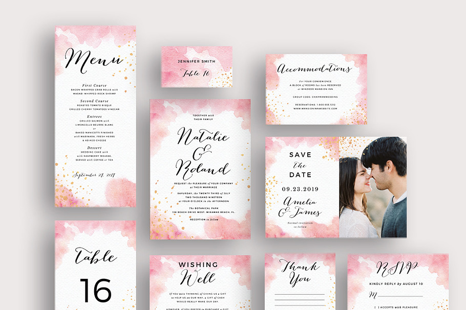 Peach Watercolor Gold Splashes in Wedding Templates - product preview 8