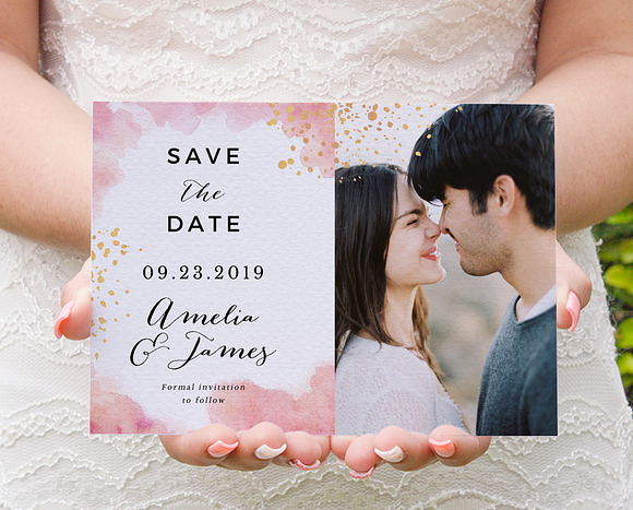 Peach Watercolor Gold Splashes in Wedding Templates - product preview 4