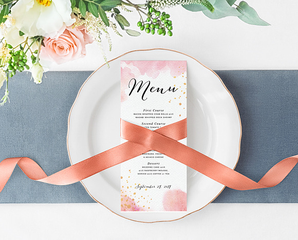 Peach Watercolor Gold Splashes in Wedding Templates - product preview 5