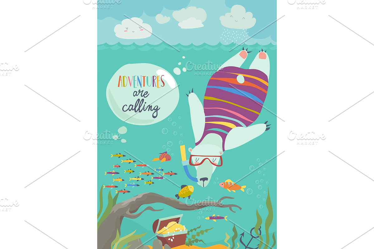 Cute polar bear snorkeling and in Illustrations - product preview 8