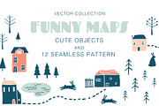 FUNNY MAPS vector elements, patterns