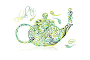 Teapot sketch with green tea for