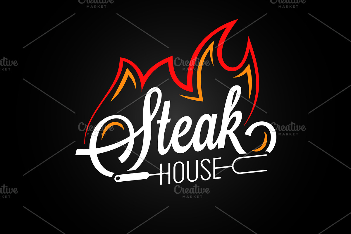 Steak house logo with fire on black  in Illustrations - product preview 8