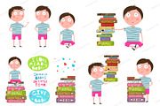 Boy Reading Pile of Books Clip Art