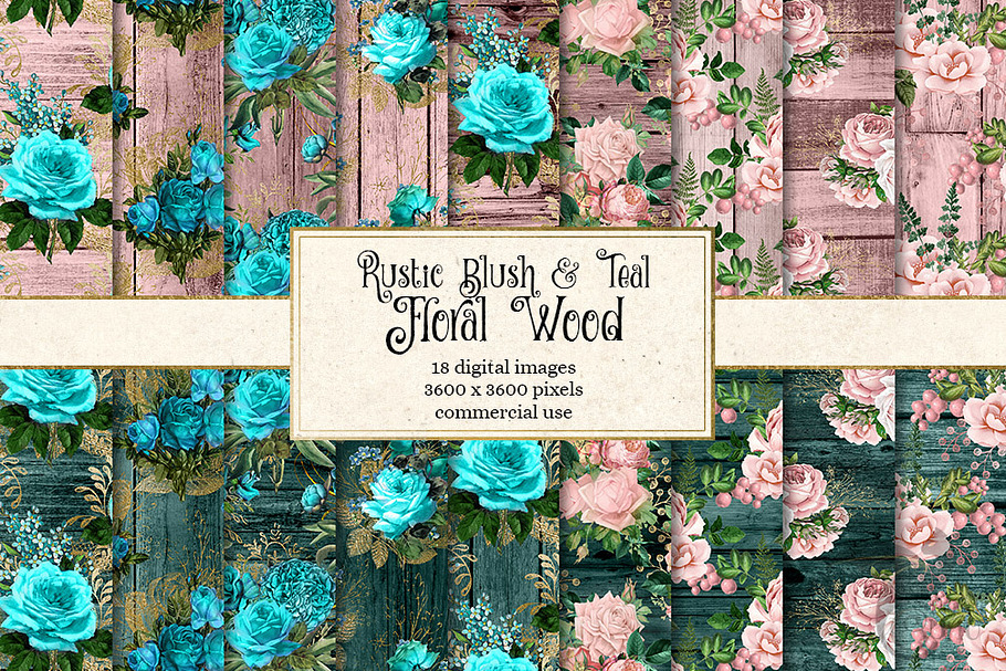 Rustic Blush and Teal Floral Wood